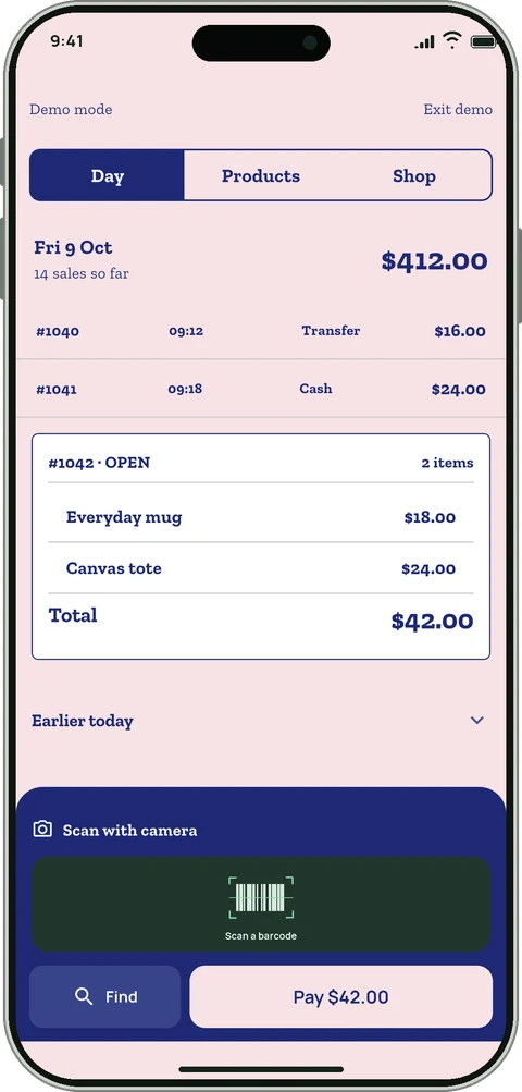 Day Book counter styled as a pink ruled ledger.