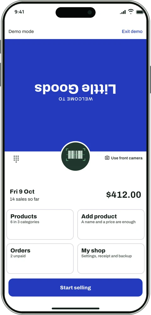 Scan Bed counter with an upside-down customer display in blue.